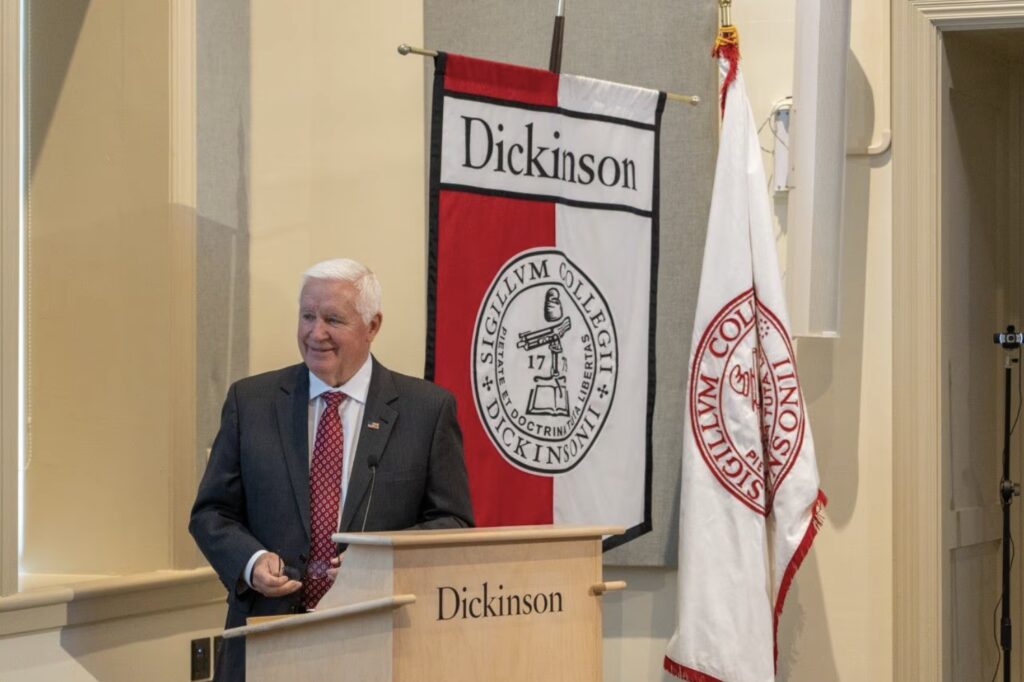 Former Gov. Tom Corbett on Monday helped roll out a new civic education program designed to combat voter disinformation in Pennsylvania at Dickinson College.Photo by Dan Loh, Dickinson College