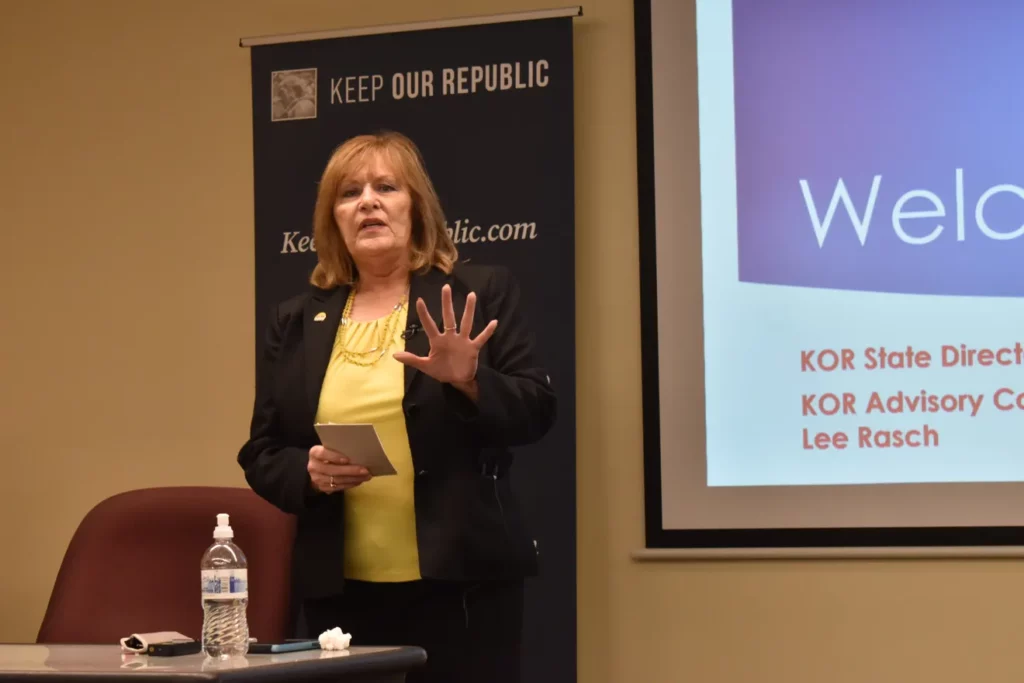 Kathy Bernier, state director of Keep Our Republic, leads a voter engagement event in La Crosse on Wednesday, Oct. 25, 2023.