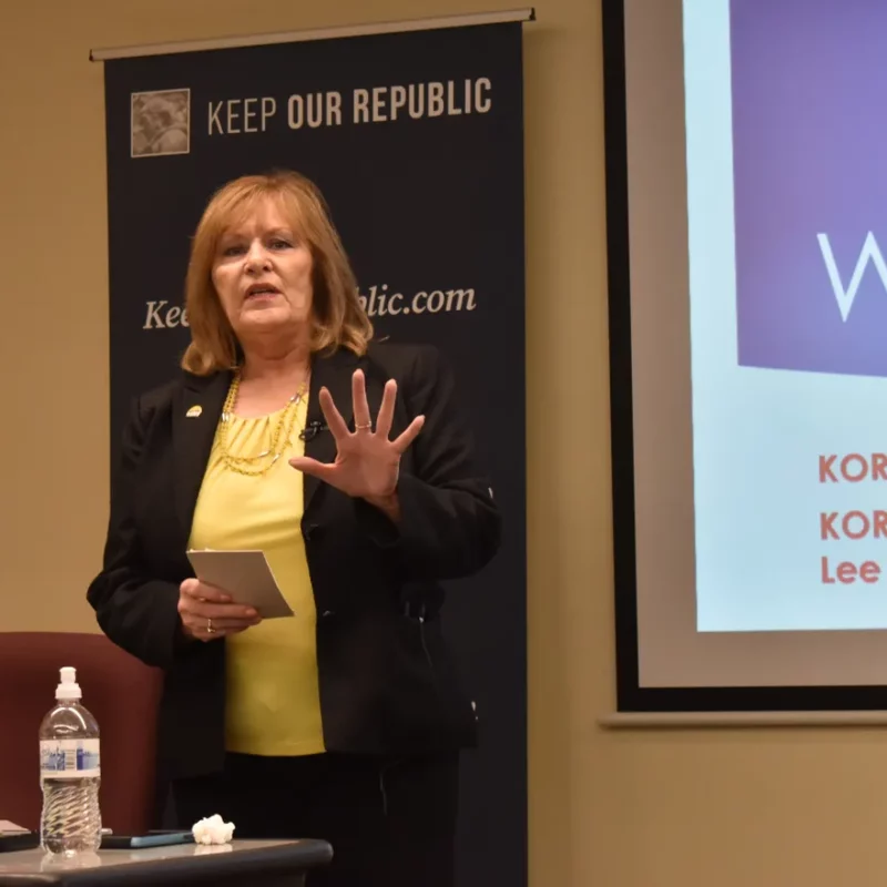 Kathy Bernier, state director of Keep Our Republic, leads a voter engagement event in La Crosse on Wednesday, Oct. 25, 2023.