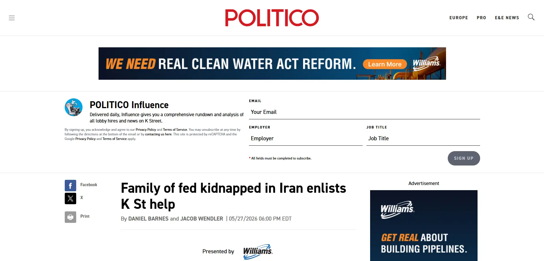 May contain a news headline "Family of fed kidnapped in Iran enlists K St help".