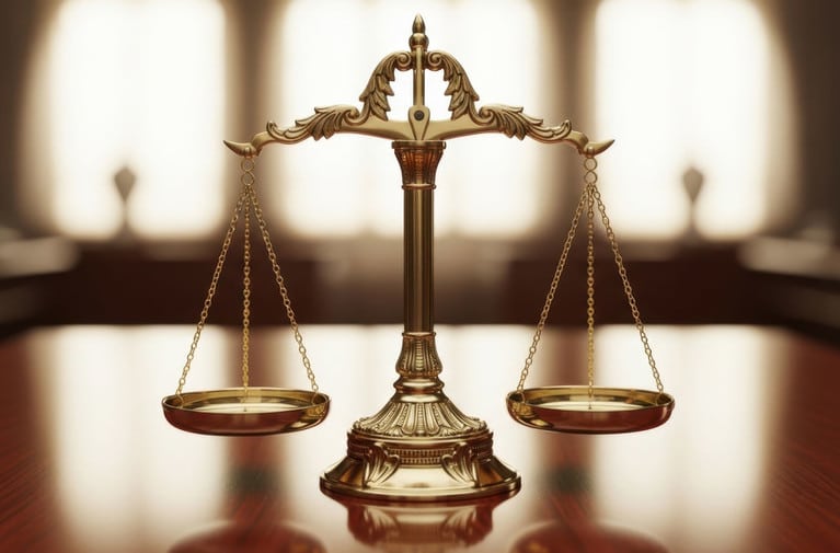 May contain a golden scale of justice on a wooden surface.