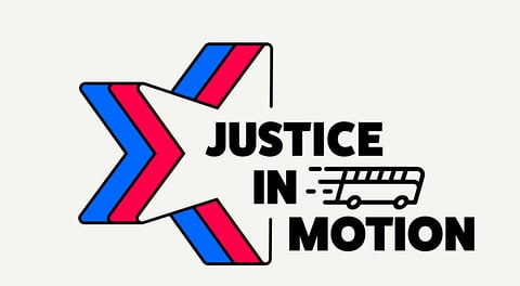 May contain a star with "JUSTICE IN MOTION" and a bus icon.