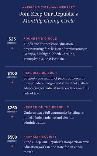 May contain text about Keep Our Republic's monthly giving circle with donation tiers.