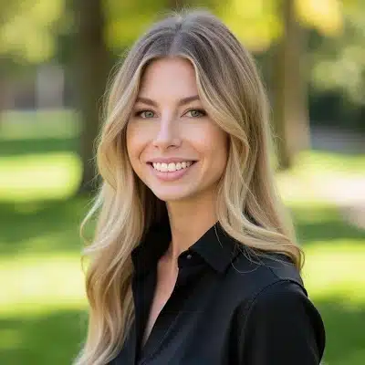 May contain a person with blond hair smiling outside.