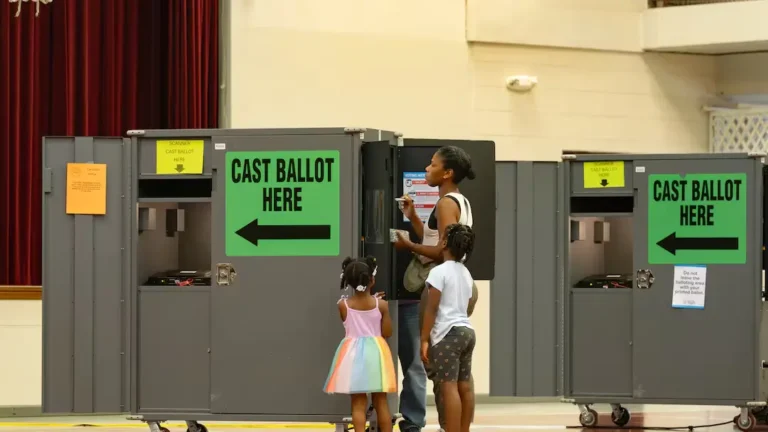 May contain three people at a polling station near voting machines.