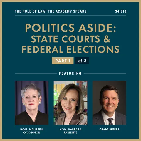 May contain three people, titled "Politics Aside: State Courts & Federal Elections".