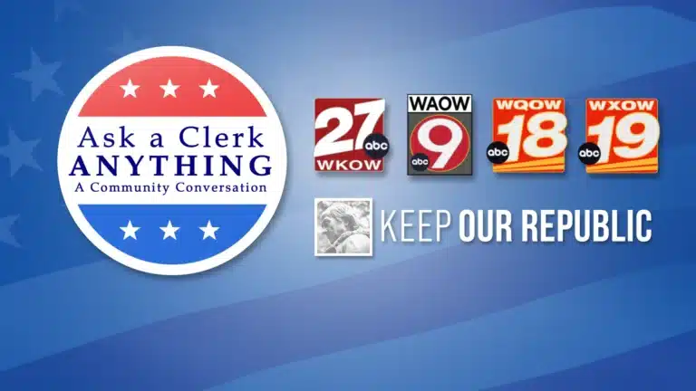 May contain a seal with text "Ask a Clerk ANYTHING", four TV station logos, and text "KEEP OUR REPUBLIC".