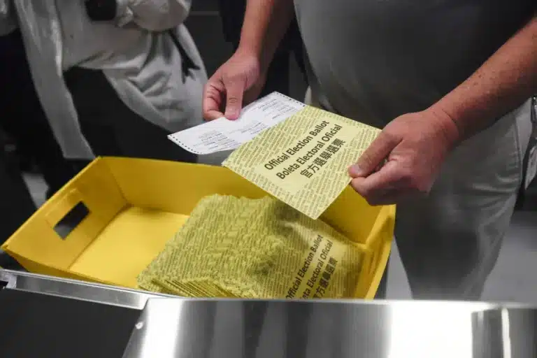 May contain a person holding election ballots over a yellow bin of ballots.