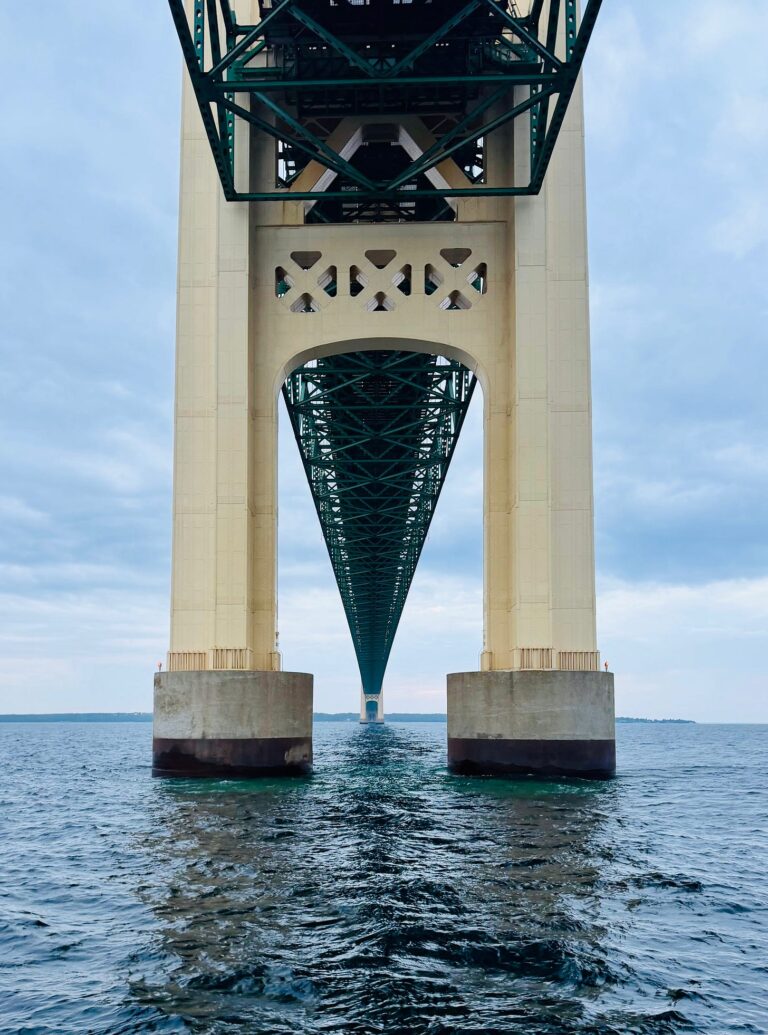 May contain a person standing on a bridge pier overlooking the water.