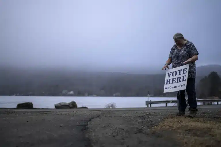 May contain a person holding a "Vote Here" sign by a lake.