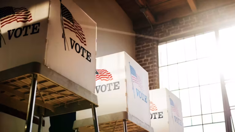 May contain voting booths with American flags and the word "VOTE".